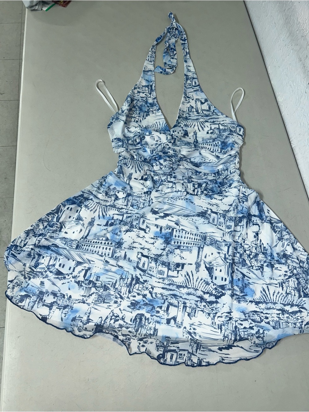 Rainbow Blue and White Halter Skater Dress